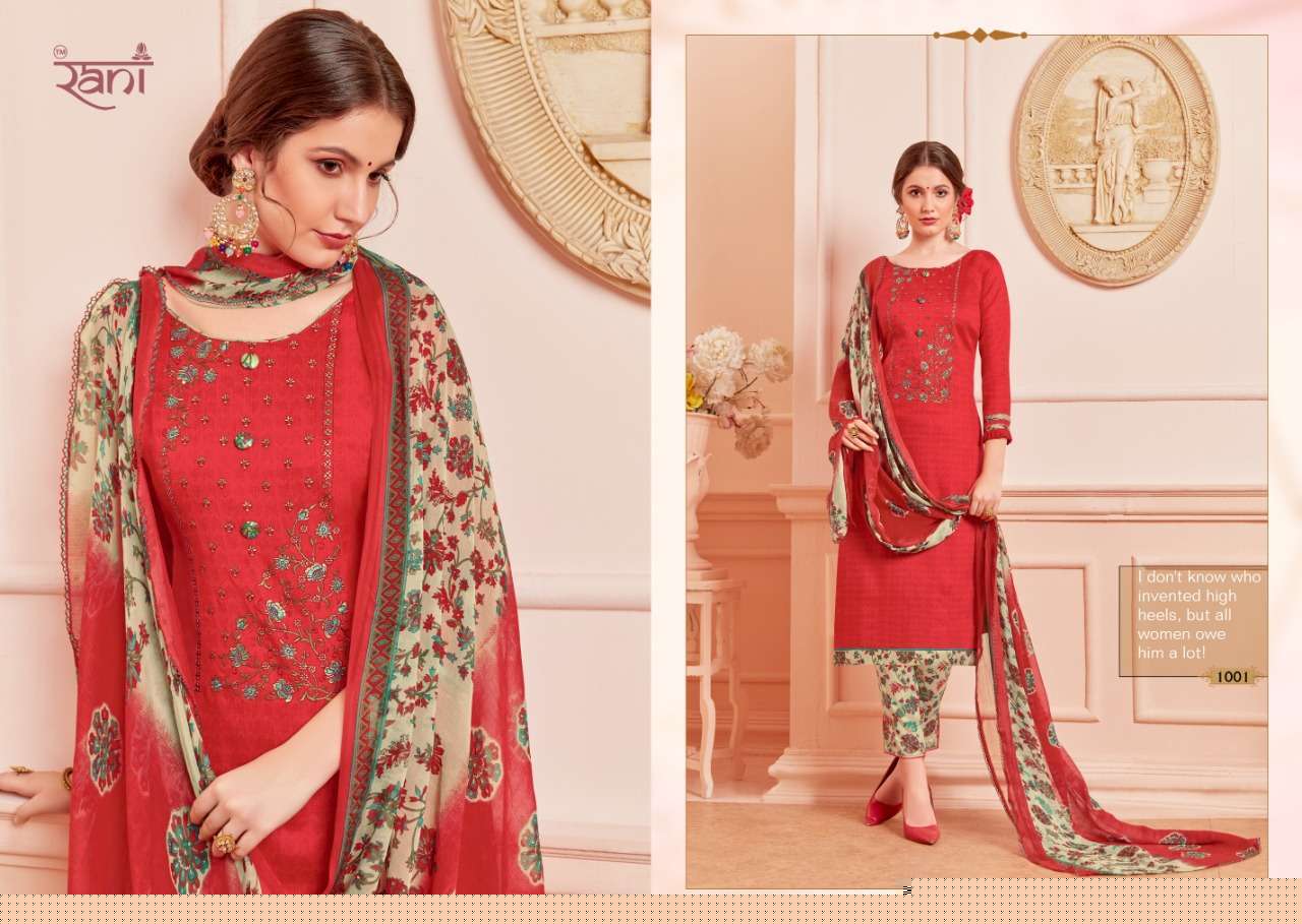 KAIRA BY RANI FASHION 1001 TO 1010 SERIES BEAUTIFUL SUITS STYLISH FANCY COLORFUL PARTY WEAR & OCCASIONAL WEAR COTTON SATIN PRINTED WITH EMBROIDERY DRESSES AT WHOLESALE PRICE